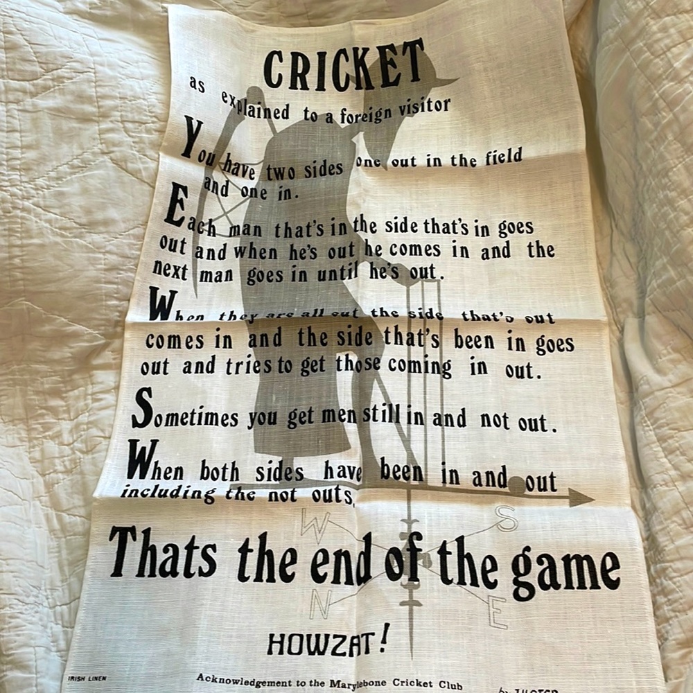 New Irish Linen tea Towel - Cricket game design